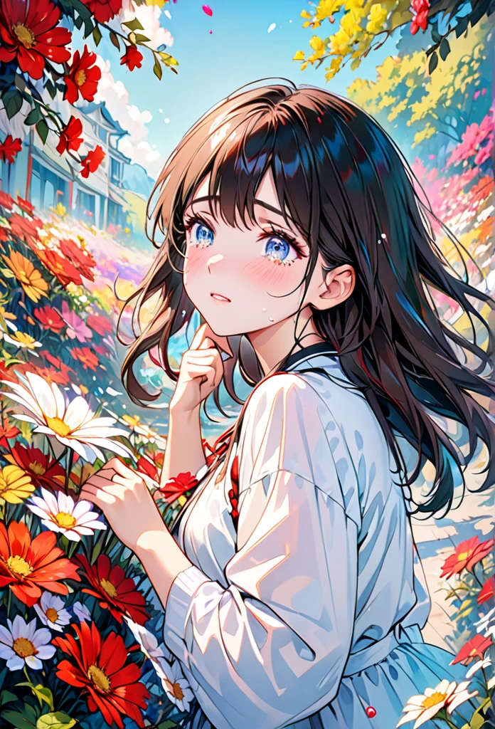 Beautiful girl cried，tears streaming down her cheeks，Lots of tears，eyes very focused，surrounded by beautiful flowers，Bright and vivid colors，high saturation，8K，Super fine，Rich details，A masterpiece of extreme detail，high quality