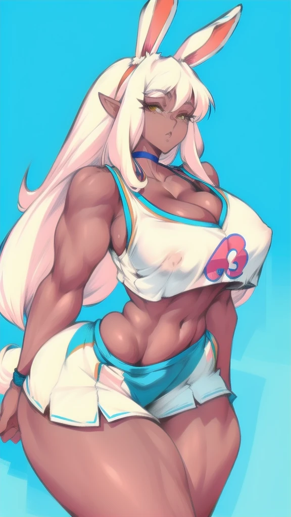 full body in image, full naked woman, naked body, (feet on image), simple hair, female naked body, curvy body, large hips, beautiful woman, thicc body, big thighs, voluptuous body, full thick body, dinamic pose, curve body. detalied pose, body, simple background, expressive face, focus on face, line art, sketch, Full body image of Lola Bunny from Space Jam, full body in image, wearing her original outfit (Tune Squad basketball uniform with a white jersey and blue shorts), long ears, female anthropomorphic rabbit body, athletic and slender body, dynamic pose, detailed pose, simple background, expressive face showing confidence, focus on face, line art, sketch