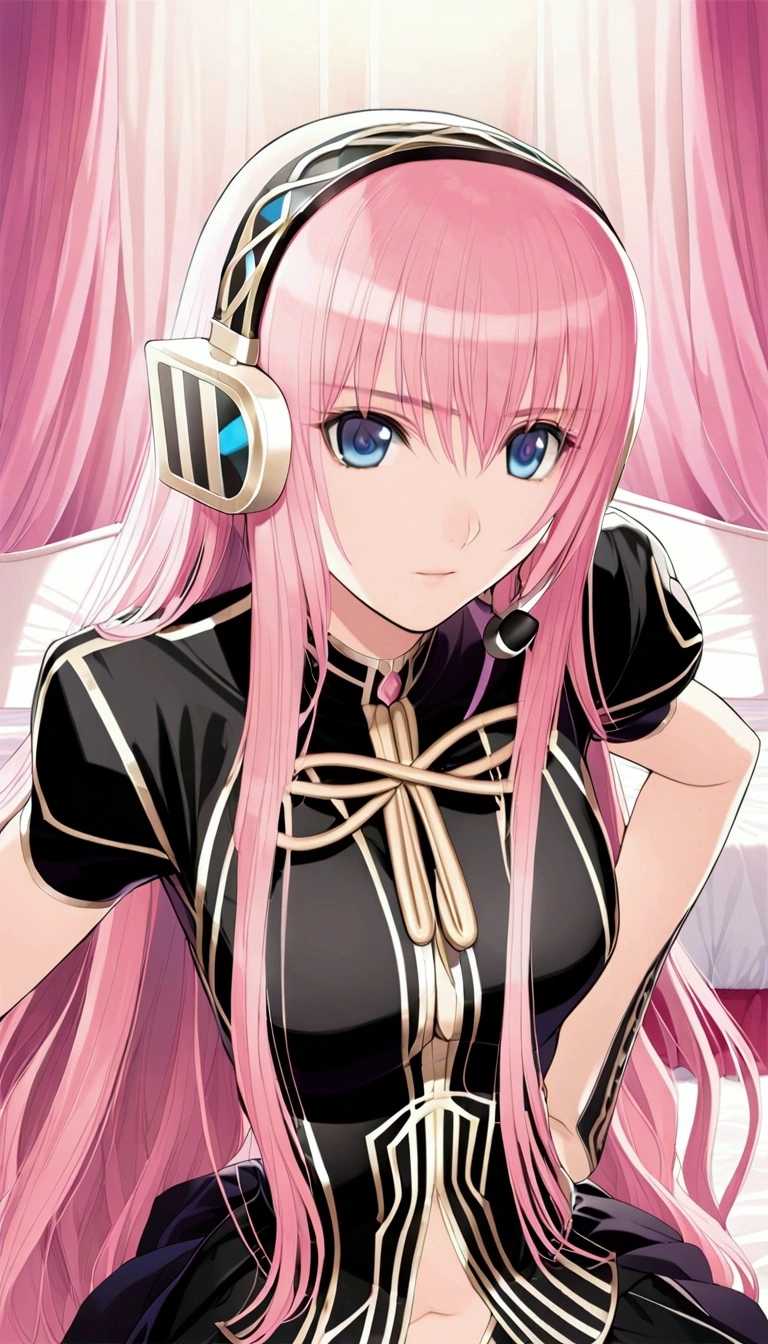 Detailed and beautiful depiction 1.3,Official Art,Beautiful adult woman ,Megurine Luka in official costume,Pink long hair,blue eyes,Black and gold costume,headphone,Bedroom