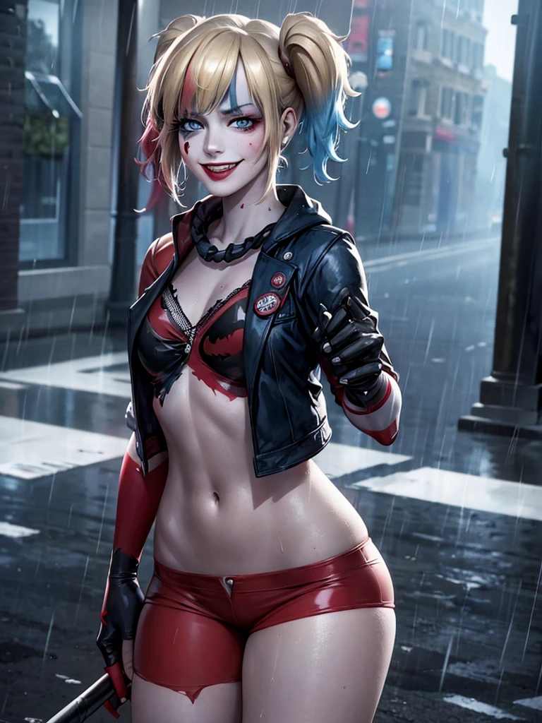 a mature Harley Quinn standing in the middle of a rain-drenched street, her soaked clothes clinging to her body, no underwear visible, a wicked smile on her face, dressed in a dark outfit and holding a metal baseball bat in her hands like the Batman