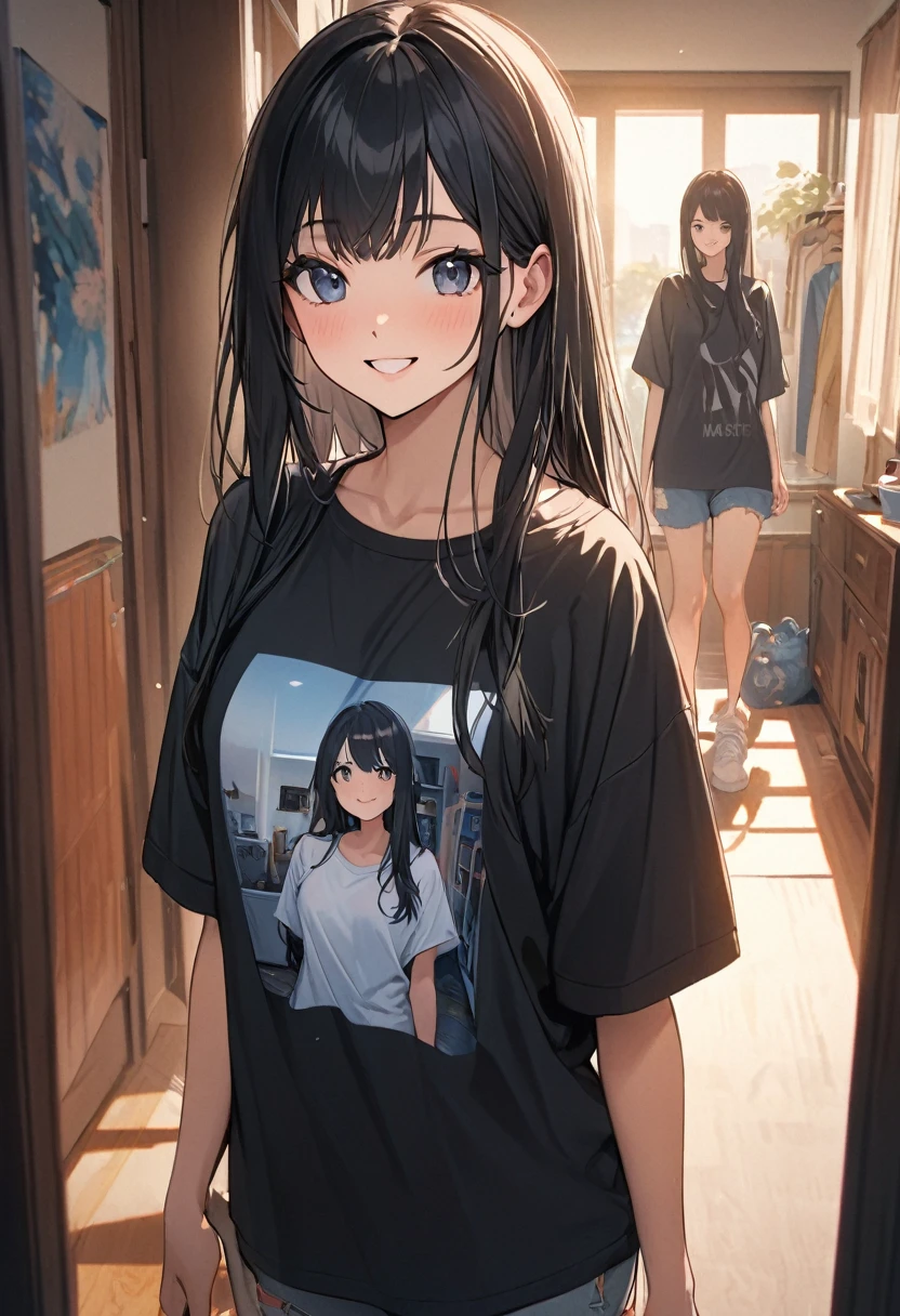 (Short-sleeved),(Boyfriend's T-shirt),(Oversized T-shirt),(Baggy T-shirt),(Long Hair),(Black Hair),(Fashionable),(Smiling),(Girlfriend),(Woman),(In her 20s),(Home),(best quality:1.2),(master piece:1.2),(8k),(16k:1.2),(Illustration),(Best Quality:1.2),(Ultra-detailed:1.2),(top-quality:1.2),(masterpiece:1.2)