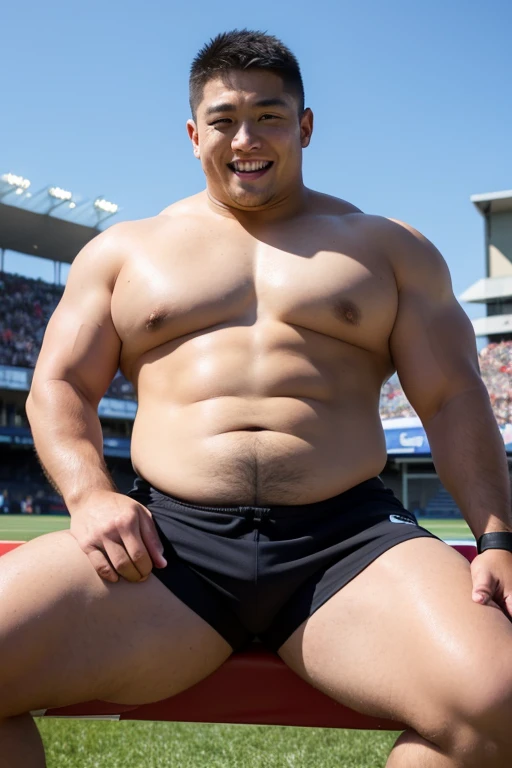 ((highest quality)), ((masterpiece)), (detailed), ((Perfect Face)), 4k, Shaved head, Young Japanese, Muscular, Fat body, Very big man, smile, ((showing off crotch)) A large Japanese man shirtless、whole body、Rugby player、Thick legs、Thick arm muscles、Intimidating、whole body、wearing a very tight and very short black-shorts, (shirtless)、((At the rugby field)), haka dance, sitting and spreading legs very wide