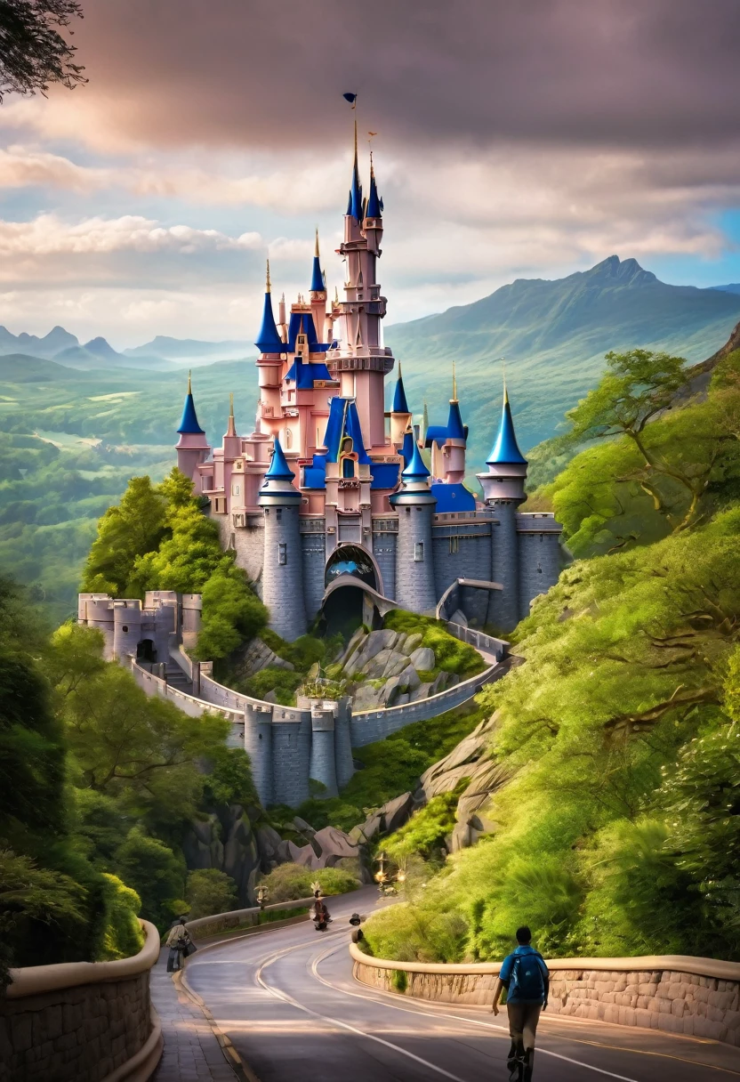 A Disney-style capture of the castle's intricate façade from a distant vantage point between the valley and the mountains. The image highlights a curving road towards the castle in the distance, showing a person on the way to the castle