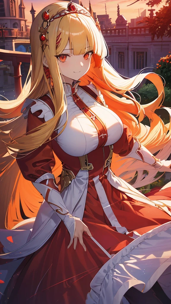 best quality, extremely detailed,anime style girl,((wavy)) long hair,((((blunt bangs)))),(hair between eyes),((bright blond hair)),beautiful detailed eyes,Orange eyes,Sharp eyes with many eyelashes,huge breasts,(((scarlet princess dress))),((trousers)),Complicated pattern,hair ornament,((garden in daytime)),smile,((dynamic angle))