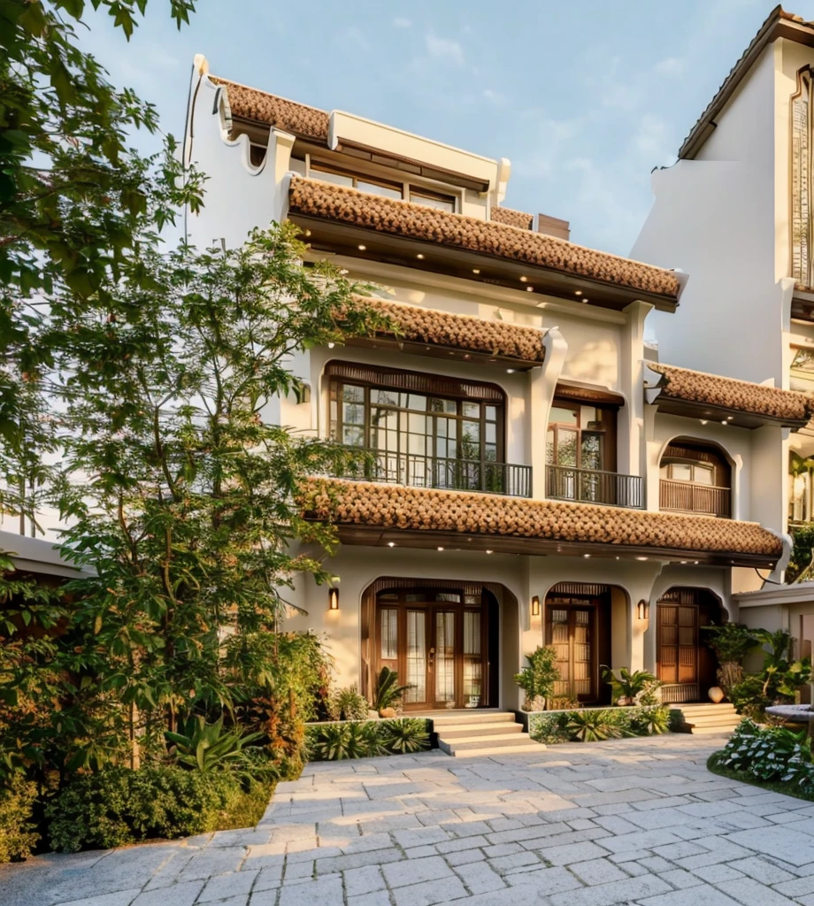 small building, (indochine style architecture) daylight ( best quality) ((high solution)) ,(( photo realistic)) ,warm light, soft lighting, warm atmosphere,high Resolution, hyper detailed,4k ,vray render, octane render, hyper realistic, photography expert ,exterior design , professional photography, exterior photography,wide-angle shot , ultra detail , high Resolution , full frame, full body