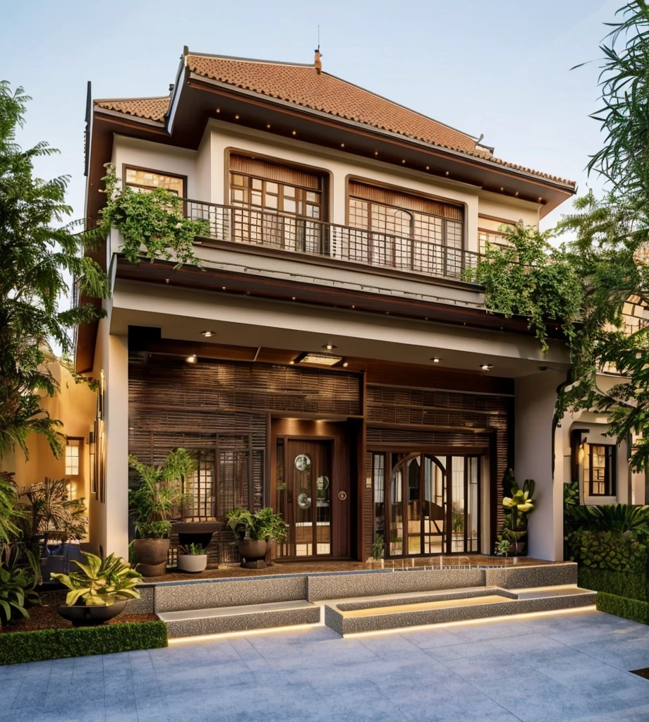 small building, (indochine style architecture) daylight ( best quality) ((high solution)) ,(( photo realistic)) ,warm light,  soft lighting, warm atmosphere,high Resolution, hyper detailed,4k ,vray render, octane render, hyper realistic, photography expert ,exterior design , professional photography, exterior photography,wide-angle shot , ultra detail , high Resolution , full frame, full body