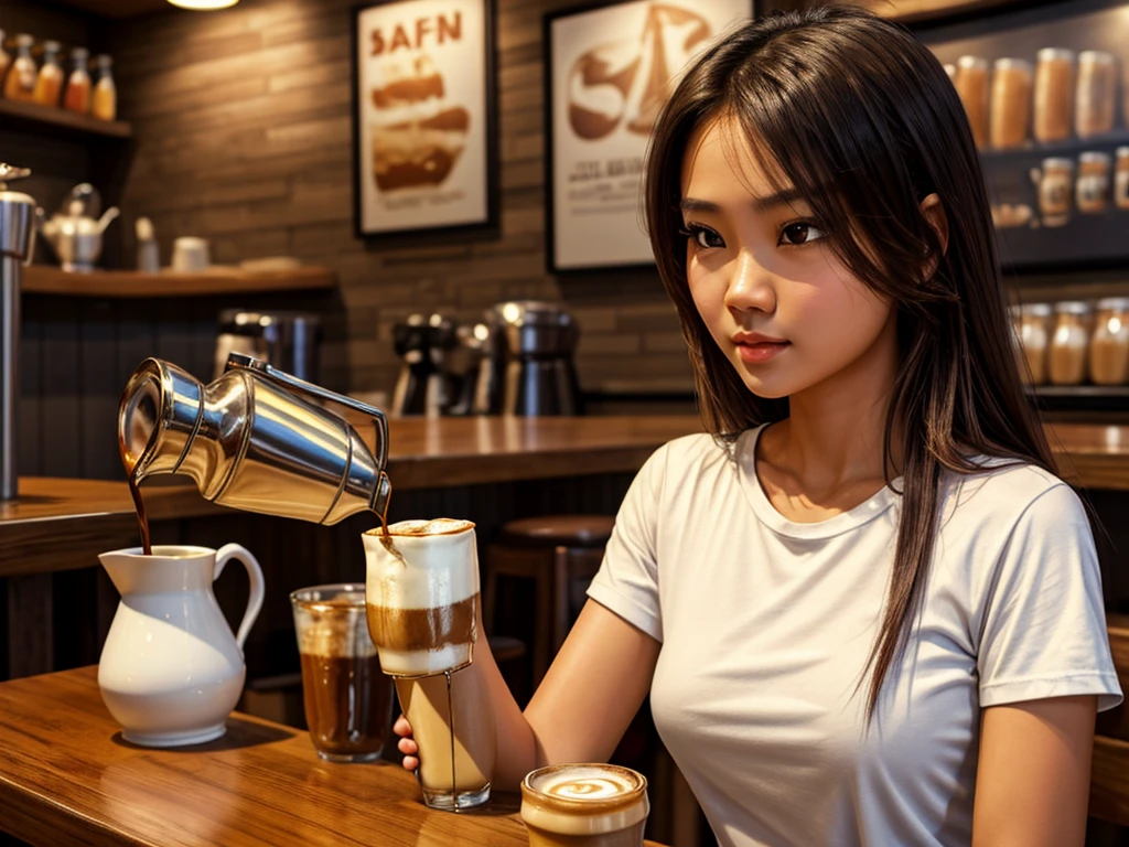 Realistic oil paint highly detailed, beautiful Thai girl, brown eyes, wearing a white t-shirt and jeans, pouring coffee from a pitcher into a coffee mug. White coffee shop background ,barista table .The atmosphere is quiet.