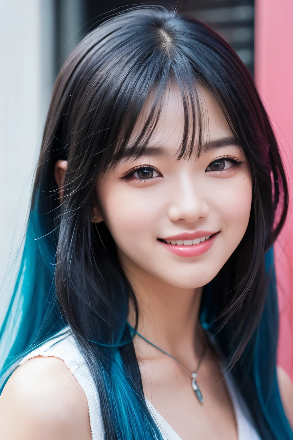 high quality, High resolution, masterpiece, completion, detailed.impressive, Cutting-edge female photography portraits, Showcasing a bold and daring street-art style. Facing forward、smile、 cyan, and purple, Her vibrant makeup really catches the eye.. Her colorful hair is tied up high, Blue and pink hues in harmony. 背景には蛍光クロムイエローand purpleの魅惑的なグラデーションが施されています, Blends seamlessly with the dynamic colors of your subject. An unforgettable image