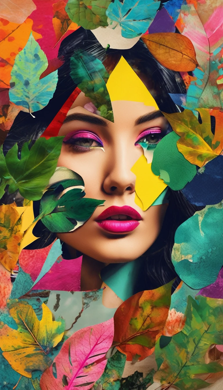 a collage art portrait, mixed media collage, abstract, vivid colors, layered textures, leaves, magazine cuts, hand draw scraps, photographic elements, colorful, creative, imaginative, striking composition, visually striking, atmospheric, moody, (best quality,4k,8k,highres,masterpiece:1.2),ultra-detailed,(realistic,photorealistic,photo-realistic:1.37), flat design,