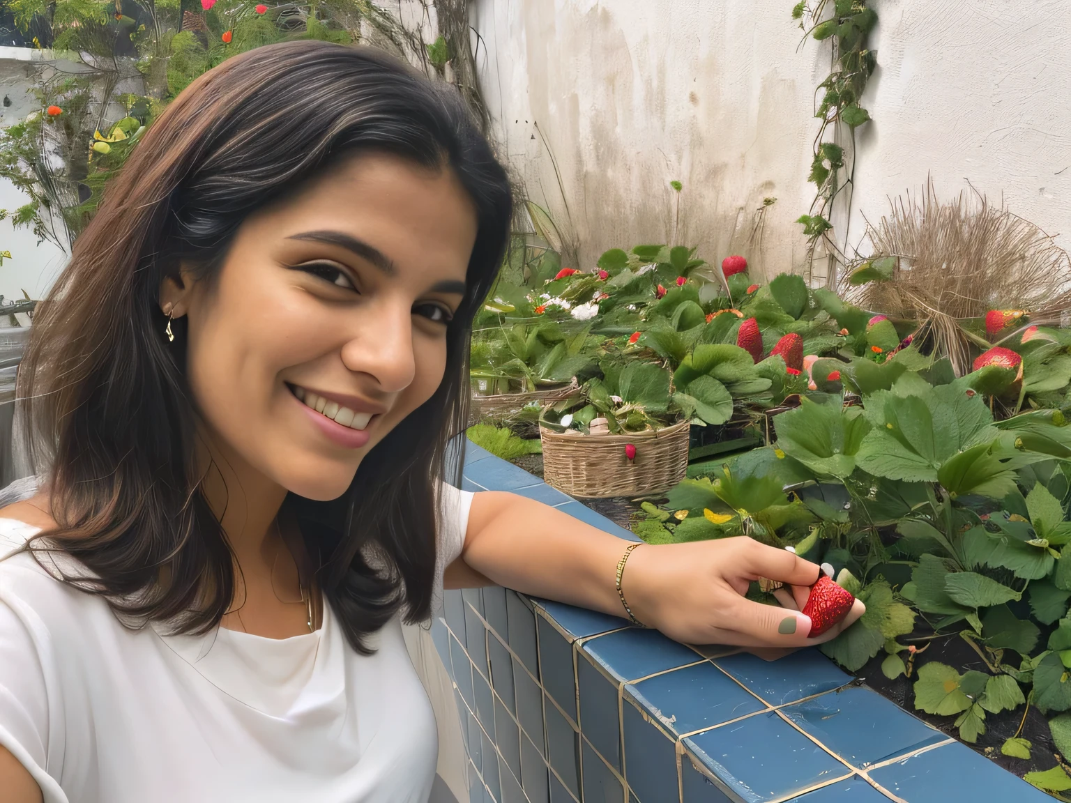 smiling woman holding a strawberry in her hand near a garden, in sao paulo, fernanda suarez, by Samuel Silva, inspired by Maria Helena Vieira da Silva, by Nándor Katona, 3 5 year brazilian mother, caroline gariba, magda torres gurza, sao paulo, malika favre, by Almada Negreiros
