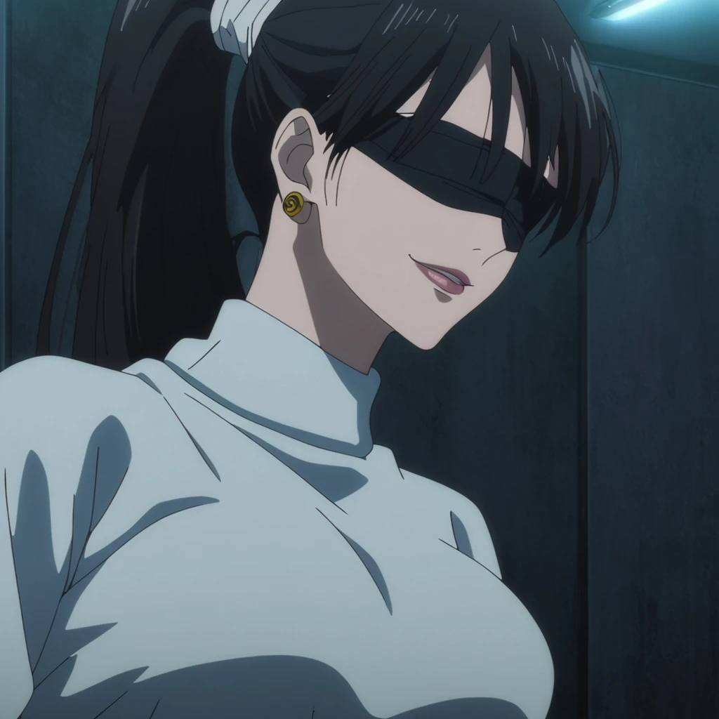 1girl, female gojo satoru, anime screencap from jujutsu kaisen, gojo satoru female version, solo, long_hair, ((wearing black blindfold)) ((Black_hair, high ponytail)), night view, (hanging breasts) upper_body, smile, indoors, book, lips, (long hair) ((wearing white colour sweater)) breast, "very detailed and high resolution" (black blindfold) ((solo)) (((front view))) (earings) ((high resolution)) ((good quality)) ((silky hair, high ponytail))