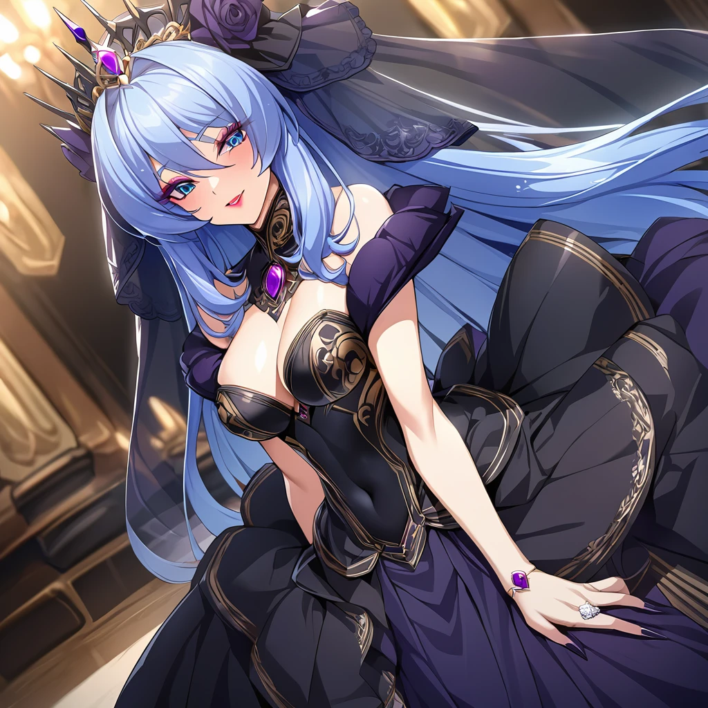 ((Highest quality)), ((masterpiece)), (detailed), (Perfect Face)、The woman is the evil queen, Extia, with medium-long blue hair, a gorgeous black wedding dress with gold embroidery and trim, a black wedding veil, an engagement ring, gorgeous accessories, lipstick and makeup, and a dignified, beautiful evil queen.、The woman is happily getting married in a posh church belonging to an evil organization.