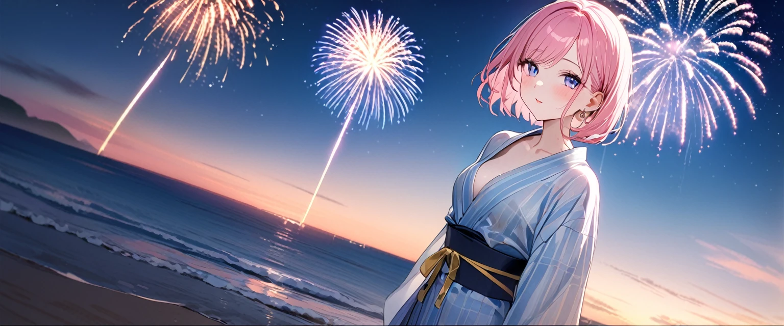 (1 girl),(Best Picture Quality, 8K, Masterpiece:1.3), (high school student:1.5), ((pink lob hair:1.1)), (bob cut),(swept bangs), (cute eyes, pupil black, iris skyblue, youthful face), (mole under right eye), (standard weight), (small breasts), (glistening skin:1.1),(pale skin:1.2),(yukata),(seaside),((Gyaru fashion:1.3)),(wet:1.1),((Fireworks:1.2)),(magnificent view),(overlooking).