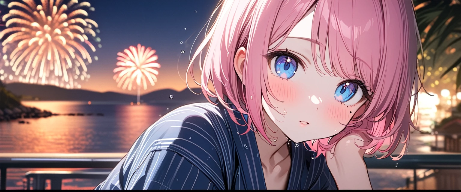(1 girl),(Best Picture Quality, 8K, Masterpiece:1.3), (high school student:1.5), ((pink lob hair:1.1)), (bob cut),(swept bangs), (cute eyes, pupil black, iris skyblue, youthful face), (mole under right eye), (standard weight), (small breasts), (glistening skin:1.1),(pale skin:1.2),(yukata),(seaside),((Gyaru fashion:1.3)),(wet:1.1),((Fireworks:1.2)),(magnificent view),(overlooking).
