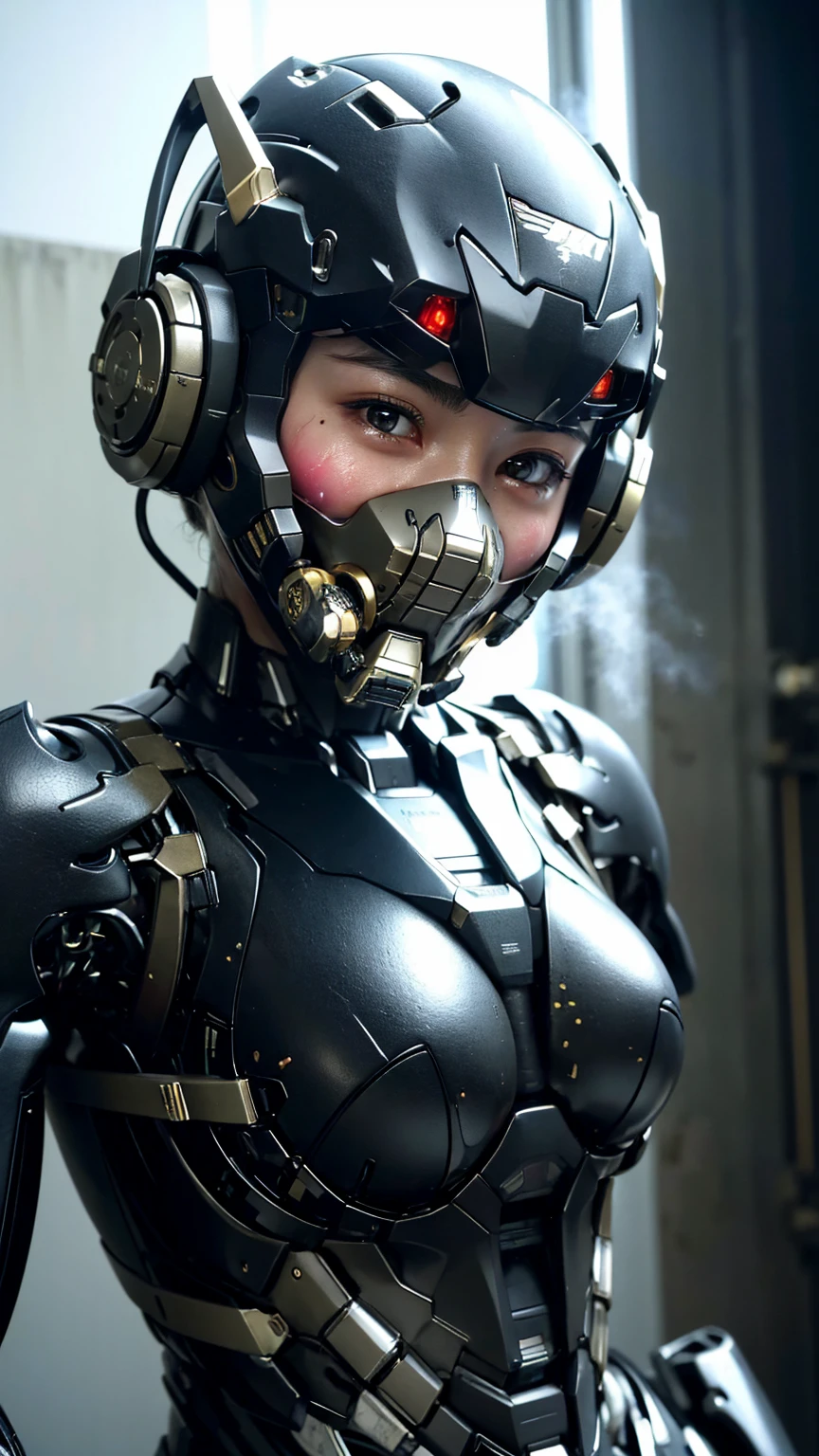最high quality非常に詳細, Advanced Details, high quality, 最high quality, High resolution, 1080P, hard disk, beautiful,(War Machine),(headgear),See the big picture,beautifulサイボーグ女性,Mecha Cyborg Girl,BATTLE MODE,Mecha Body Girl 8k Elementary school girl Sweaty face Droopy eyes short hair Gas mask with extension nozzle boyish Steam coming out of my head My hair is wet with sweat Black Hair, Steam coming out of the mouth
