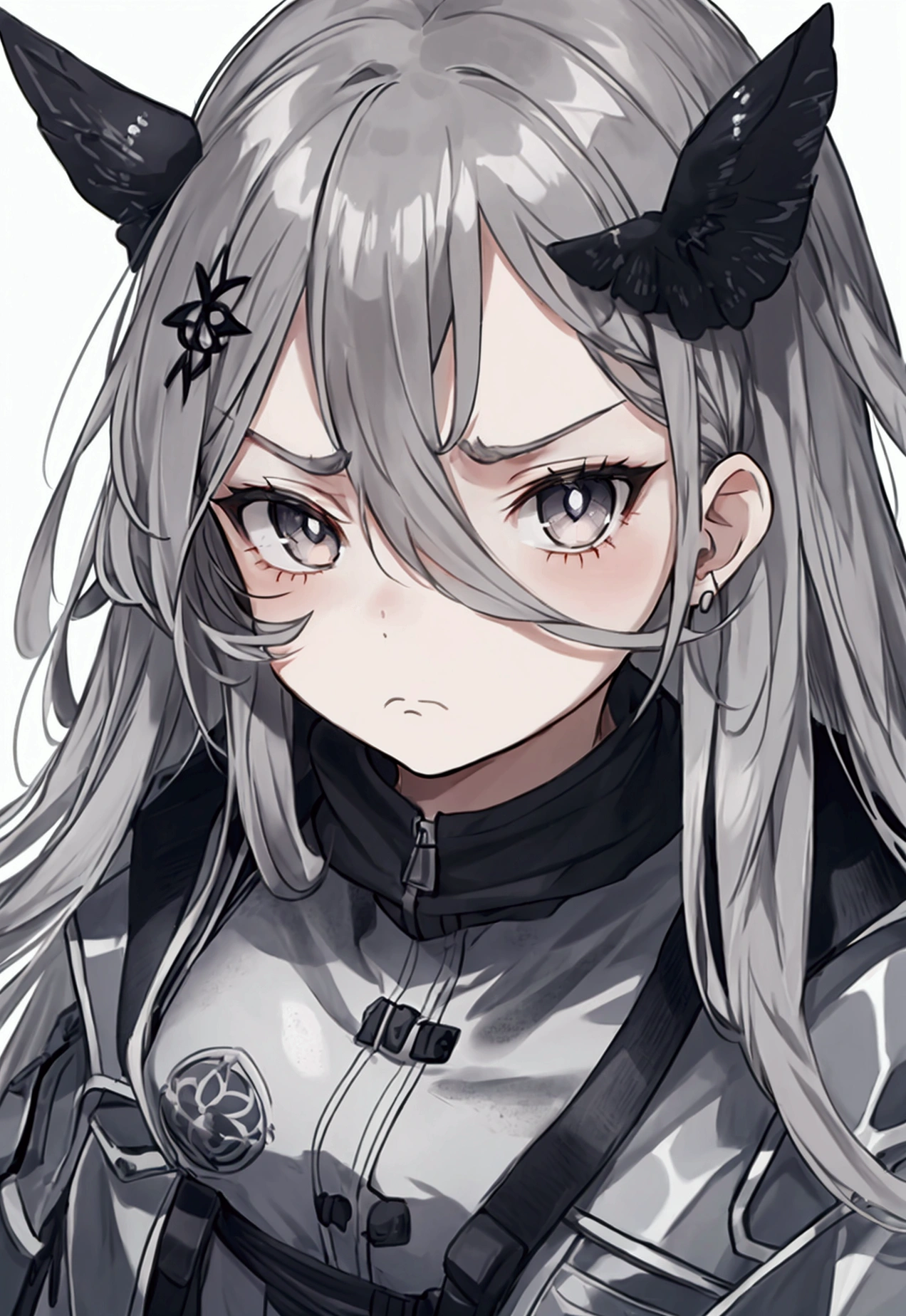 1girl, grumpy expression, looks tired, messy long-grey hair, black-colored eyes