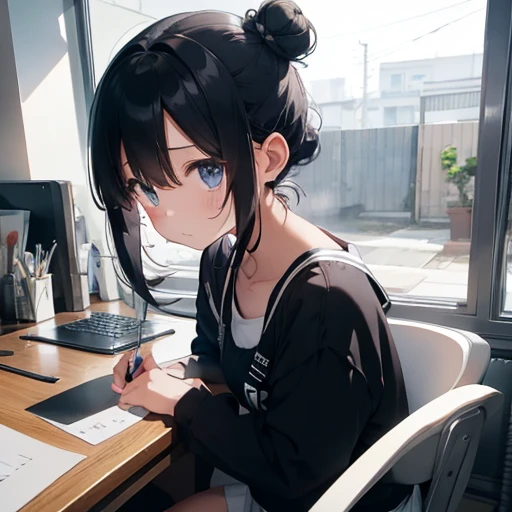 Shy girl、Black Hair、Two bun cut、Time to kill、Watery eye、Black and white outfit、Sitting in a chair and facing a desk