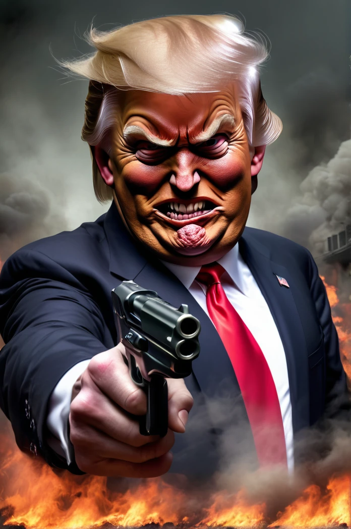 Donald Trump with a gun Devilish face