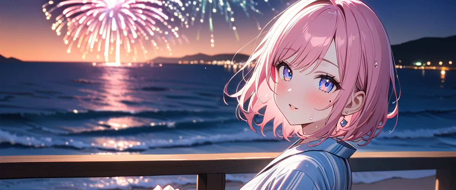 (1 girl),(Best Picture Quality, 8K, Masterpiece:1.3), (high school student:1.5), ((pink lob hair:1.1)), (bob cut),(swept bangs), (cute eyes, pupil black, iris skyblue, youthful face), (mole under right eye), (standard weight), (small breasts), (glistening skin:1.1),(pale skin:1.2),(yukata),(seaside),((Gyaru fashion:1.3)),(wet:1.1),((Fireworks:1.2)),(magnificent view),(overlooking).