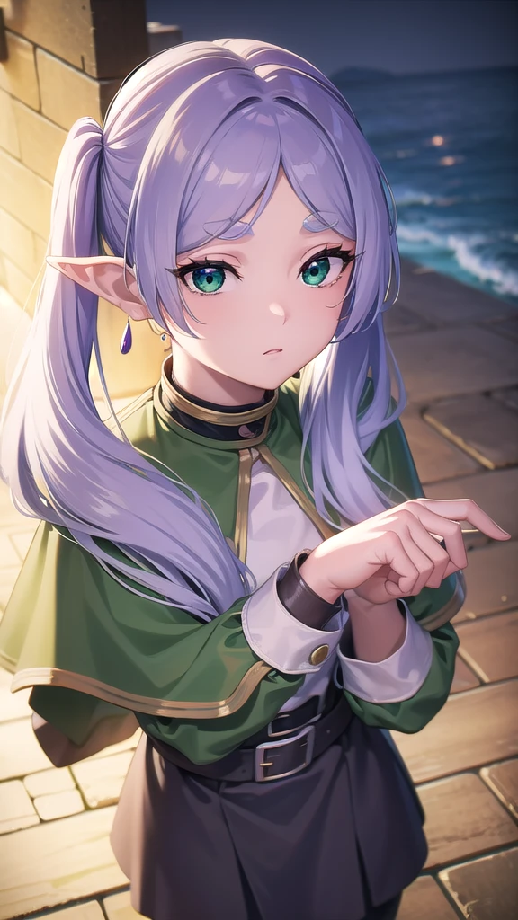 BREAK looking at viewer, BREAK (masterpiece:1.2), best quality, high resolution, unity 8k wallpaper, (illustration:0.8), (beautiful detailed eyes:1.6), extremely detailed face, perfect lighting, extremely detailed CG, (perfect hands, perfect anatomy),castle,tower,outdoor,night,starfall, moon,stars,wet road,green hair, side ponytail, (purple eyes:1.1),frieren, long hair, twintails, (green eyes:1.5), grey hair, pointy ears, elf,shirt, long sleeves, jewelry, pantyhose, earrings, striped, black pantyhose, capelet, striped shirt,from above,bend over,