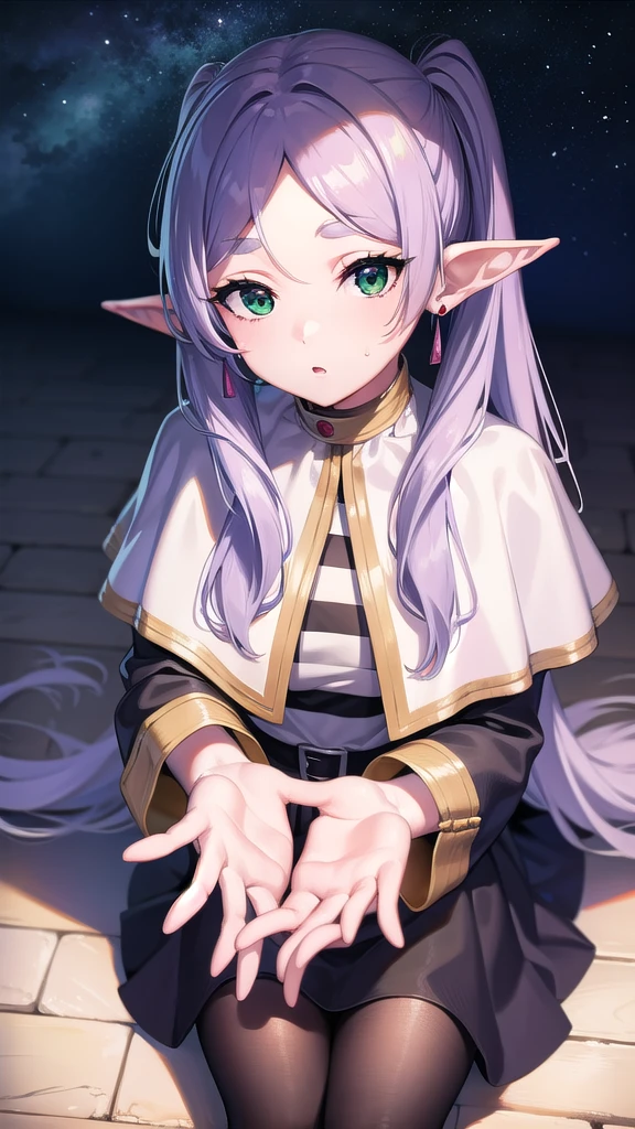 BREAK looking at viewer, BREAK (masterpiece:1.2), best quality, high resolution, unity 8k wallpaper, (illustration:0.8), (beautiful detailed eyes:1.6), extremely detailed face, perfect lighting, extremely detailed CG, (perfect hands, perfect ???????),castle,tower,outdoor,night,starfall, moon,stars,wet road,green hair, side ponytail, (purple eyes:1.1),frieren, long hair, twintails, (green eyes:1.5), grey hair, pointy ears, elf,shirt, long sleeves, jewelry, pantyhose, earrings, striped, black pantyhose, capelet, striped shirt,from above,bend over,