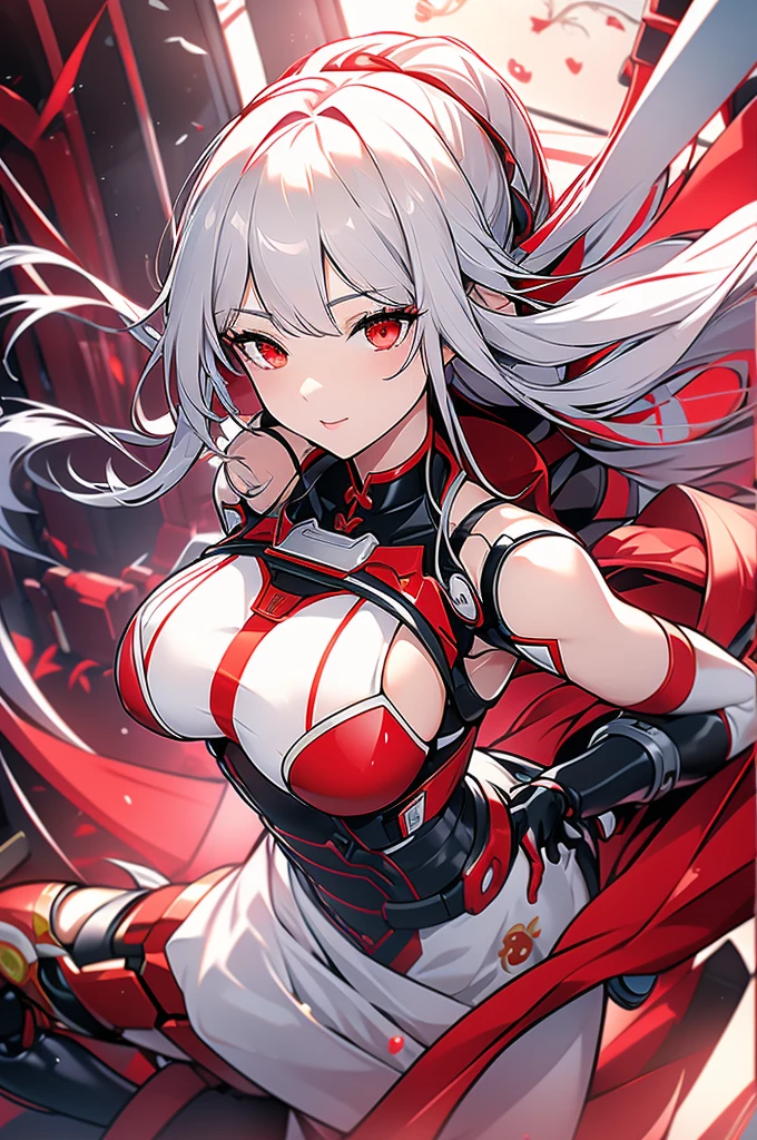 Silver and long hair、Red eyes、woman、美しいwoman、Large Breasts、White Machine Skin、The whole body of the machine、Mechanical joints、A mechanical body made entirely of red and white、sword、Red Chinese dress