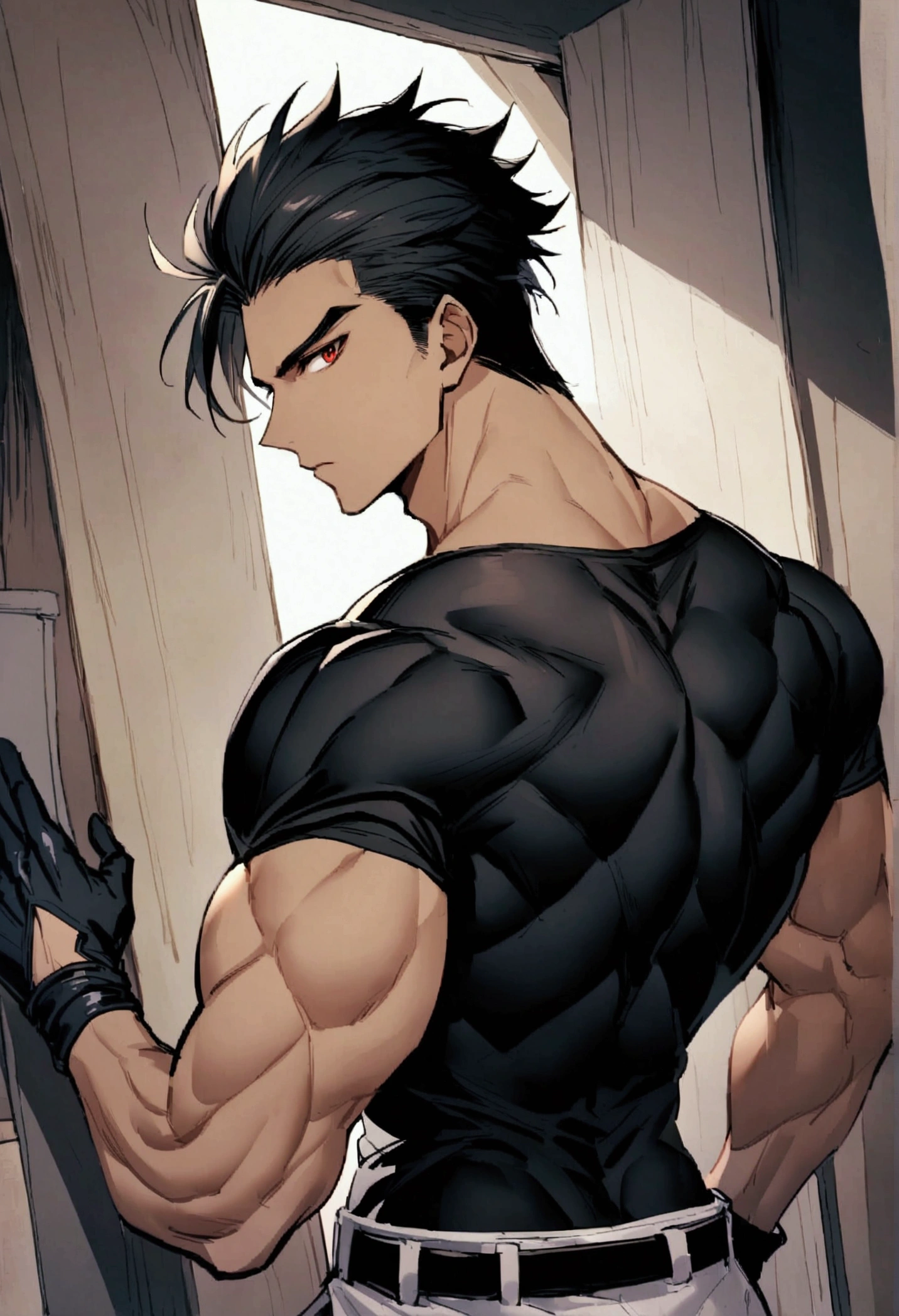 masculine man, high , muscular , playera negra pegada , short black hair combed back and Red eyes , black belt and black gloves ,Delgado ,  ,24 years old