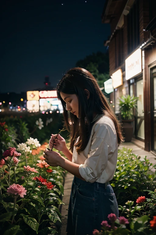 Girl picking flower at night