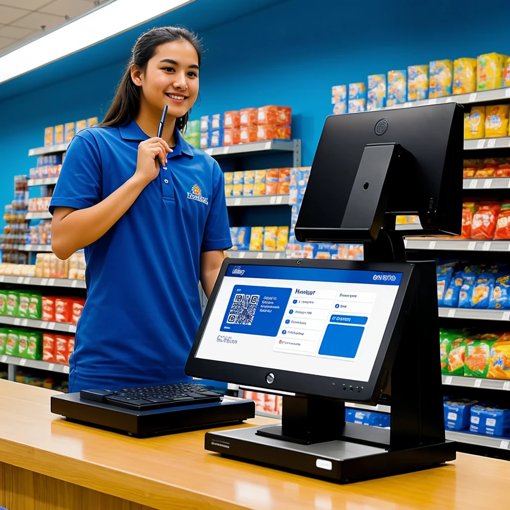 ((Best Quality)), ((Masterpiece)) An employee using the point of sale system in a store with blue backgrounds, I want the computer screen to be flipped