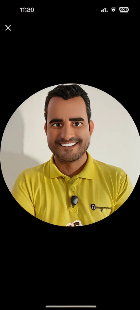 man smiling black hair unshaven in pixar art style, yellow polo shirt