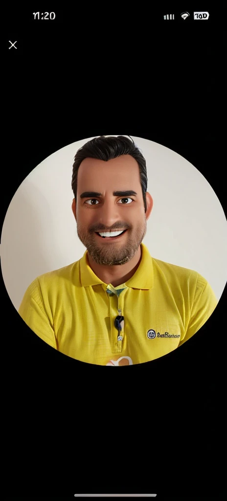 man smiling black hair unshaven in pixar art style, yellow polo shirt