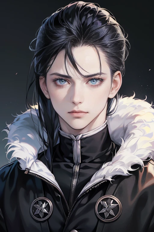 RAW Photos, ((((A portrait of extreme beauty))), 20代1 male, Upper Body, HUNTER×HUNTER Chrollo=Lucilfer ),Slicked back hairstyle, 1 male, View your viewers, Fur trim, Black long coat, Open Court, Long sleeve, Black trousers,