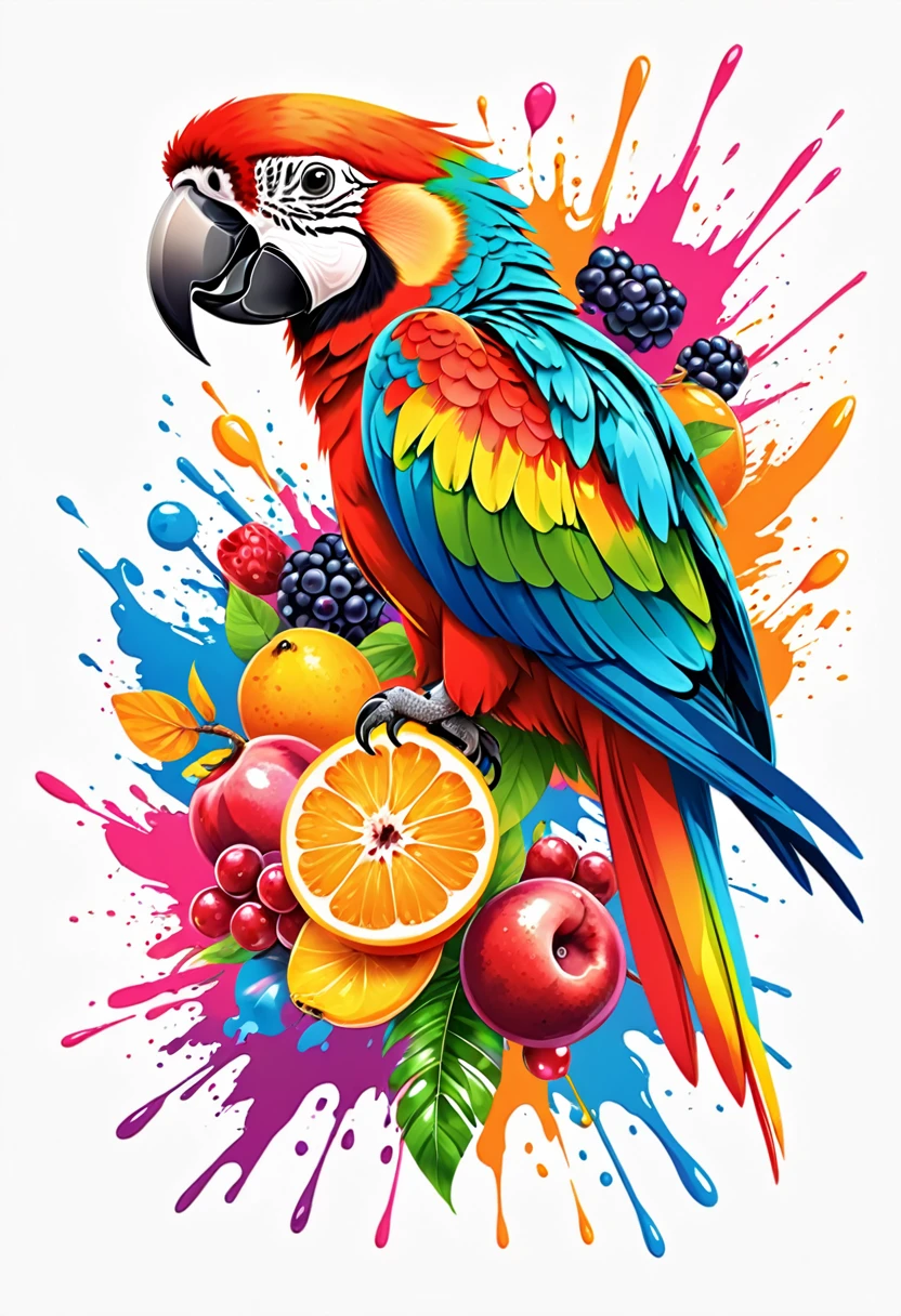 T-shirt designs, vector art, Colorful wild fruit illustration and a parrot, At the center, swirly vibrant colors, paint splashes and smears, t-shirt designs, high détail, White background
