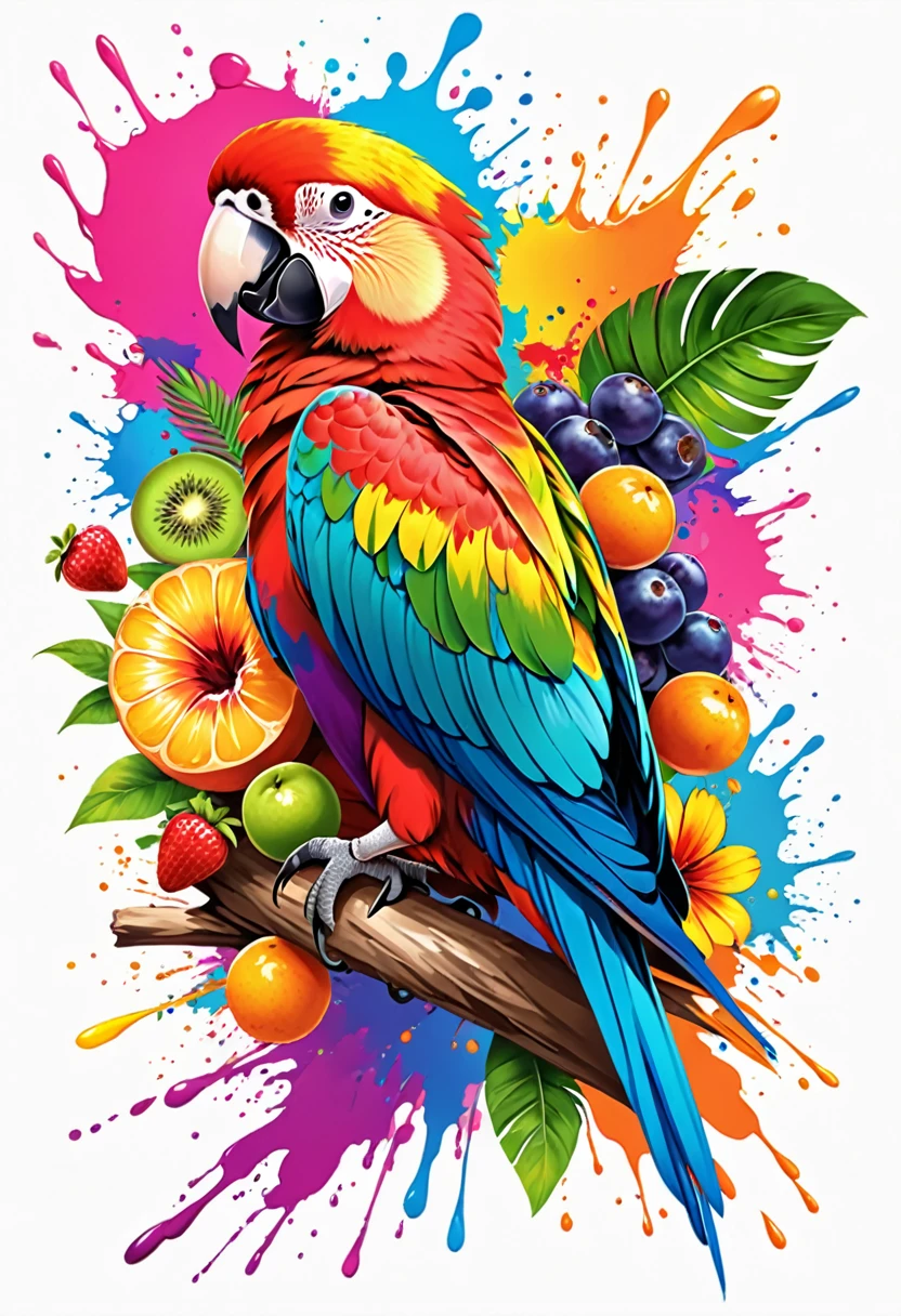 T-shirt designs, vector art, Colorful wild fruit illustration and a parrot, At the center, swirly vibrant colors, paint splashes and smears, t-shirt designs, high détail, White background
