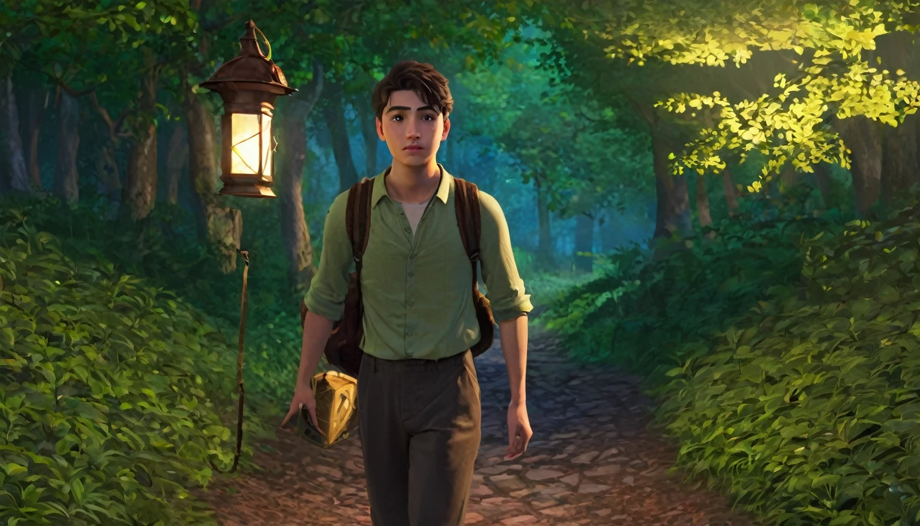 Jacob, a young man with a determined look, stepping onto the forest path with a lantern in hand.