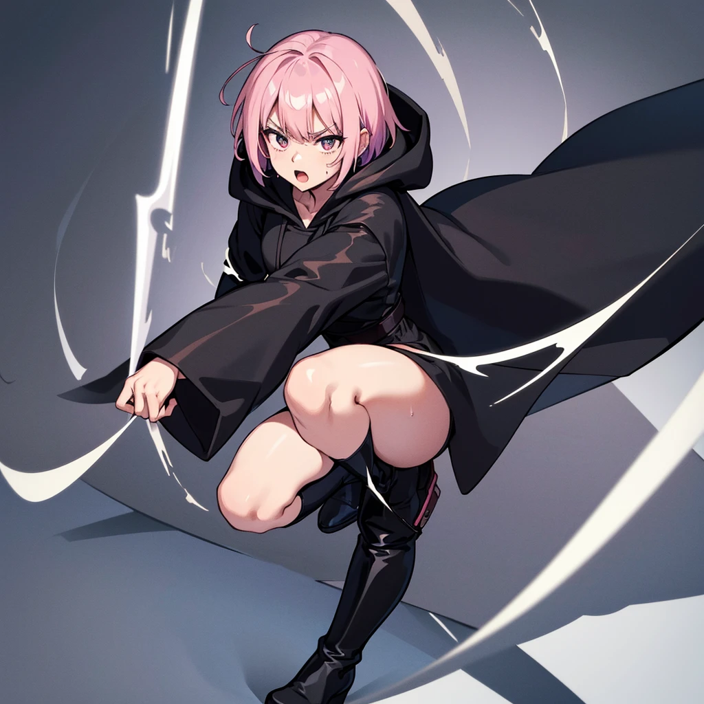 (((Solo)))、(whole body)、(From above at an angle)、(((Wearing a black hood)))、Best illustrations、Best Quality、(23 years old)、(The same face:1.1),Medieval Fantasy,(White Background)、(Pink Hair、Very Short Hair、Align your bangs)、(((Long sleeve、Black Robe、pants、Knee-high boots)))、Fighting stance、(get annoyed、Sweat、Open your mouth、Look at the top right)、Chased