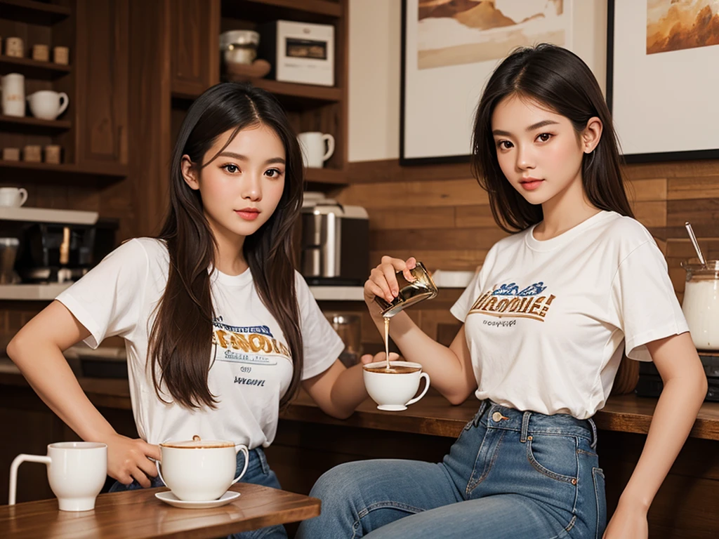 Realistic oil paint highly detailed, beautiful Thai girl, brown eyes, wearing a white t-shirt and jeans, pouring coffee from a pitcher into a coffee mug. White coffee shop background ,barista table .The atmosphere is quiet.