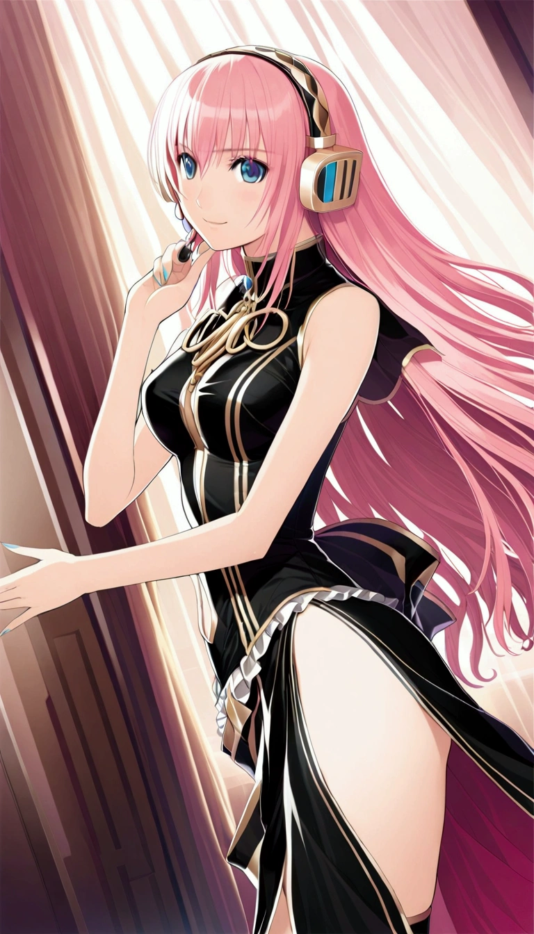 Detailed and beautiful depiction 1.3,Official Art:1.2,Beautiful adult woman ,Megurine Luka in official costume:1.2,Pink long hair,blue eyes,Black and gold costume,headphone,smile,Bedroom