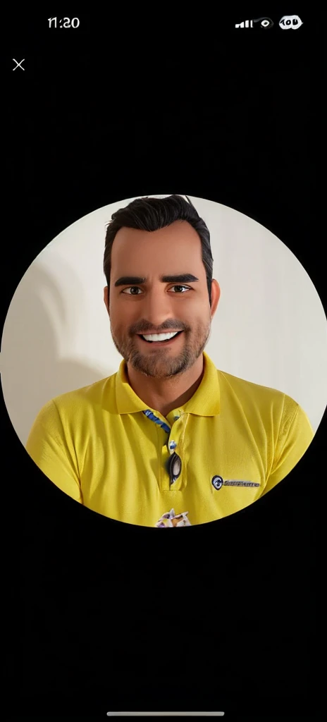 man smiling black hair unshaven in pixar art style, yellow polo shirt
