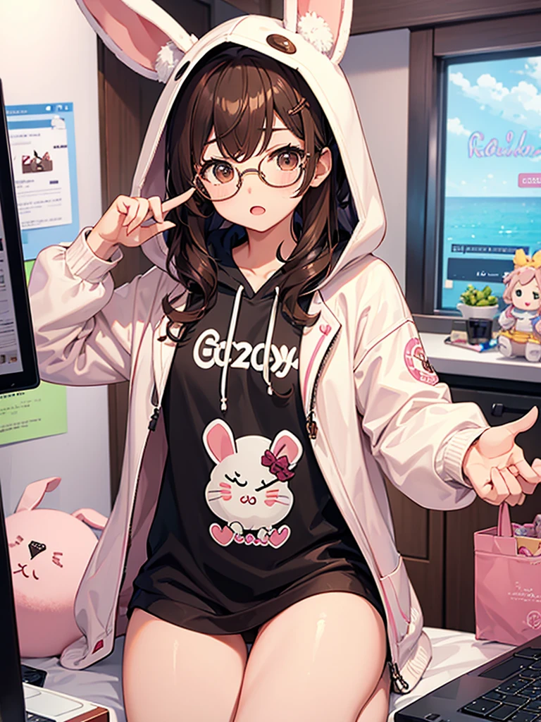 girl, brown hair, curly hair, medium hair, brown eyes, round glasses, gamer, hoodie with bunny ears, hood with bunny ears, bunny pajamas, computer, cute,Kawaii, cute, pretty, anime, pastel colors, cute toys