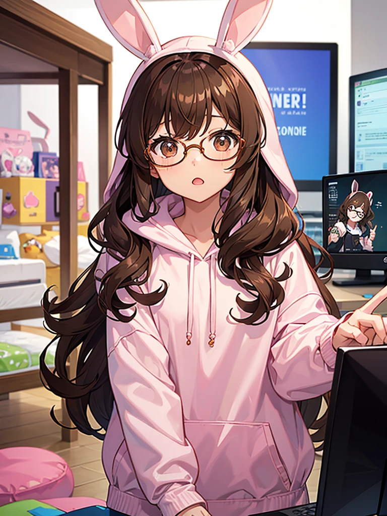 girl, brown hair, curly hair, medium hair, brown eyes, round glasses, gamer, hoodie with bunny ears, hood with bunny ears, bunny pajamas, computer, cute,Kawaii, cute, pretty, anime, pastel colors, cute toys