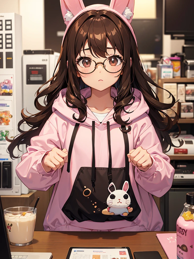 girl, brown hair, curly hair, medium hair, brown eyes, round glasses, gamer, hoodie with bunny ears, hood with bunny ears, bunny pajamas, computer, cute,Kawaii, cute, pretty, anime, pastel colors, cute toys