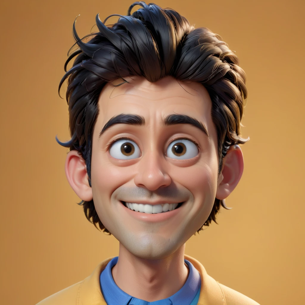 Disney pixar style 3D caricature with big head. A man with long messy black hair, thick straight black eyebrows, cheerful dark black eyes. He has a medium sized proportional nose, giving off a friendly and happy impression. wearing a blue shirt. Yellow background. The skin and facial textures are very detailed. Disney 3D pixar style, 3D rendering, ultra realistic, UHD, best quality, colorful art, 8K