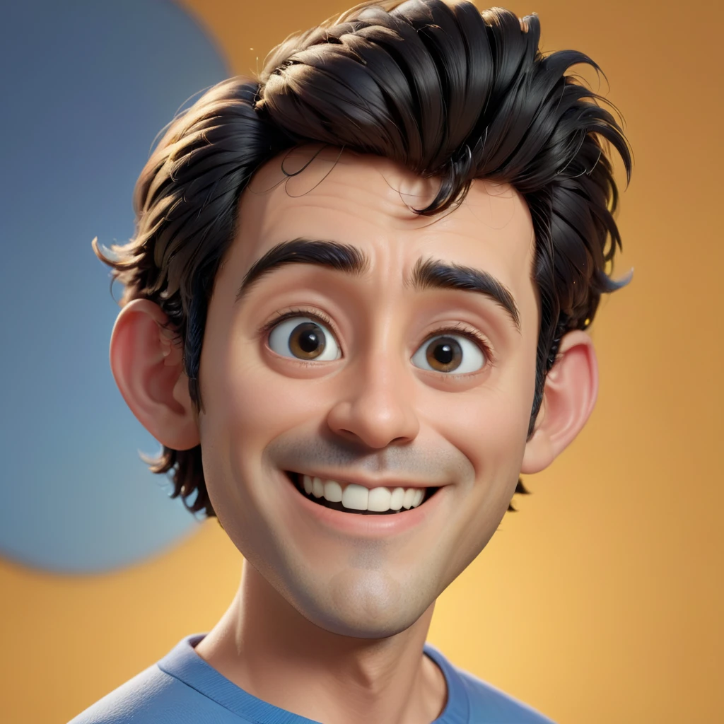 Disney pixar style 3D caricature with big head. A man with long messy black hair, thick straight black eyebrows, cheerful dark black eyes. He has a medium sized proportional nose, giving off a friendly and happy impression. wearing a blue shirt. Yellow background. The skin and facial textures are very detailed. Disney 3D pixar style, 3D rendering, ultra realistic, UHD, best quality, colorful art, 8K