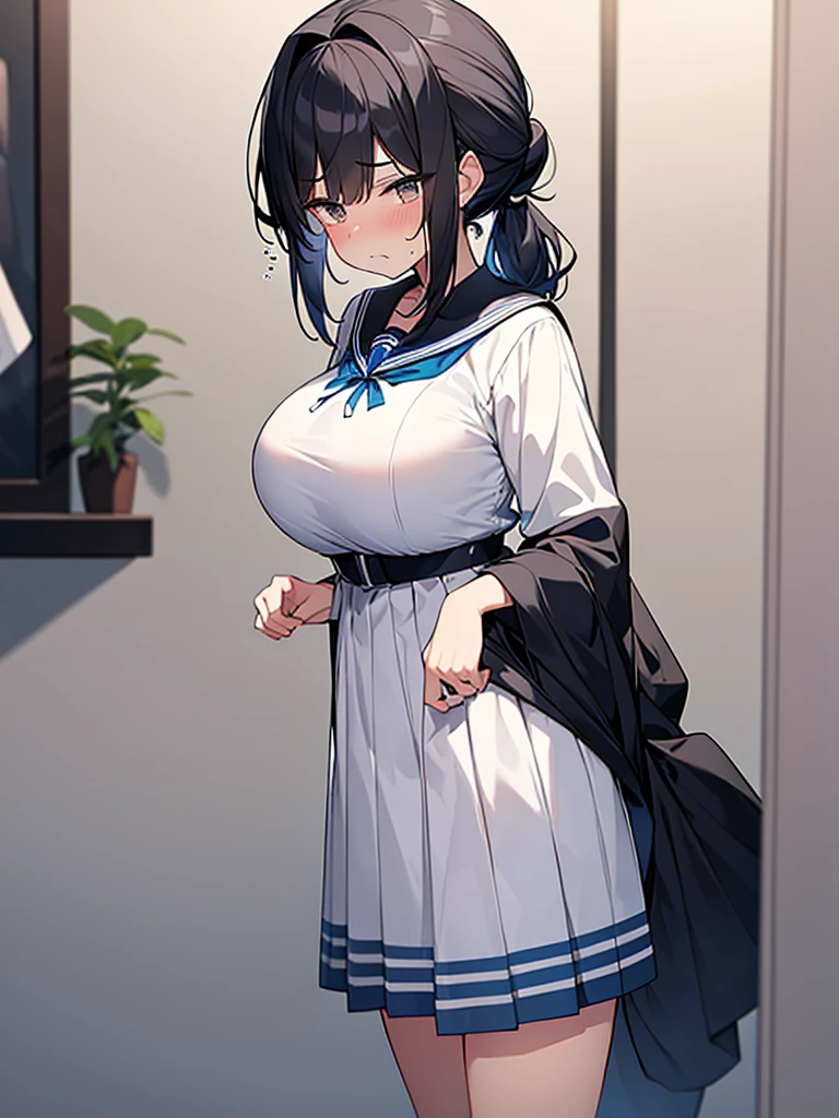 Cowboy Shot White Sailor Uniform Short Sleeve:1.9 Sleeve color is white, dark blue scarf, dark blue collar, dark blue uniform pleated skirt:1.9 Black half tights, ponytail, white underwear:1.3. Anime drawings with vivid colors. Standing tall woman:1.9 Sweat, breasts, troubled face, glaring, wrinkled brows, flushed cheeks, night:1.3 Apartment bedroom, white sheets, short black hair, ponytail:1.9 Straight hair, bangs swept to the side:1.9. Slanted eyes, brown eyes, tall, big breasts, strong-willed, beautiful