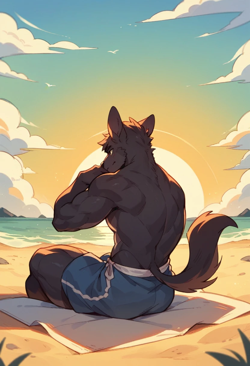 Create a silhouette of two anthropomorphic animal men back to back sitting on the beach sand watching the sunset