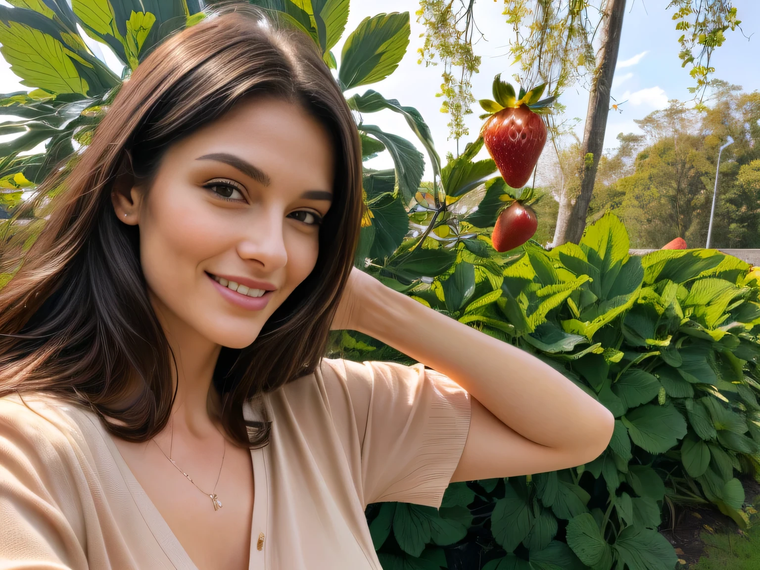 Smiling woman holding a strawberry in her hand near a garden, in São Paulo, smiling woman in a beige shirt, about 40 years old, woman in her 40s, . She has long brown hair and wears a beige blouse. Fitness body. Woman in good physical shape, fitness woman, perfect face, perfect mouth.
Woman, ((Masterpiece, best quality)), full body view, detailed skin, highly detailed, cinematic lighting, ultra realistic, dark brown hair, medium hair, portrait, full body view, contrast, close-up, cinematic light, ultra-high resolution, RAW.
Woman with white skin and dark brown hair. She is around 40 years old, 165 cm tall and weighs 56 kg. She has a perfect mouth, a perfect face. Her body exudes glamor and her face is a definition of beauty. Slender body, thin waist. Highly realistic, hyperrealism, very elaborate skin, perfect face. Sharp Photo, High Resolution, High Quality, Masterpiece, 16K Photo, High Contrast, Masterpiece, Nude, Nude, NSFW.