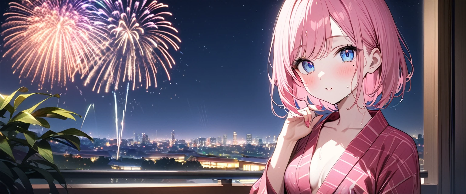 (1 girl),(Best Picture Quality, 8K, Masterpiece:1.3), (high school student:1.5), ((pink lob hair:1.1)), (bob cut),(swept bangs), (cute eyes, pupil black, iris skyblue, youthful face), (mole under right eye), (standard weight), (small breasts), (glistening skin:1.1),(pale skin:1.2),(yukata),((Gyaru fashion:1.3)),(wet:1.1),((Fireworks)),(magnificent view),(overlooking).