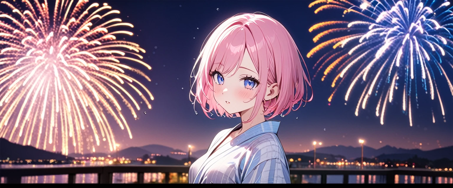 (1 girl),(Best Picture Quality, 8K, Masterpiece:1.3), (high school student:1.5), ((pink lob hair:1.1)), (bob cut),(swept bangs), (cute eyes, pupil black, iris skyblue, youthful face), (mole under right eye), (standard weight), (small breasts), (glistening skin:1.1),(pale skin:1.2),(yukata),((Gyaru fashion:1.3)),(wet:1.1),((Fireworks)),(magnificent view),(overlooking).