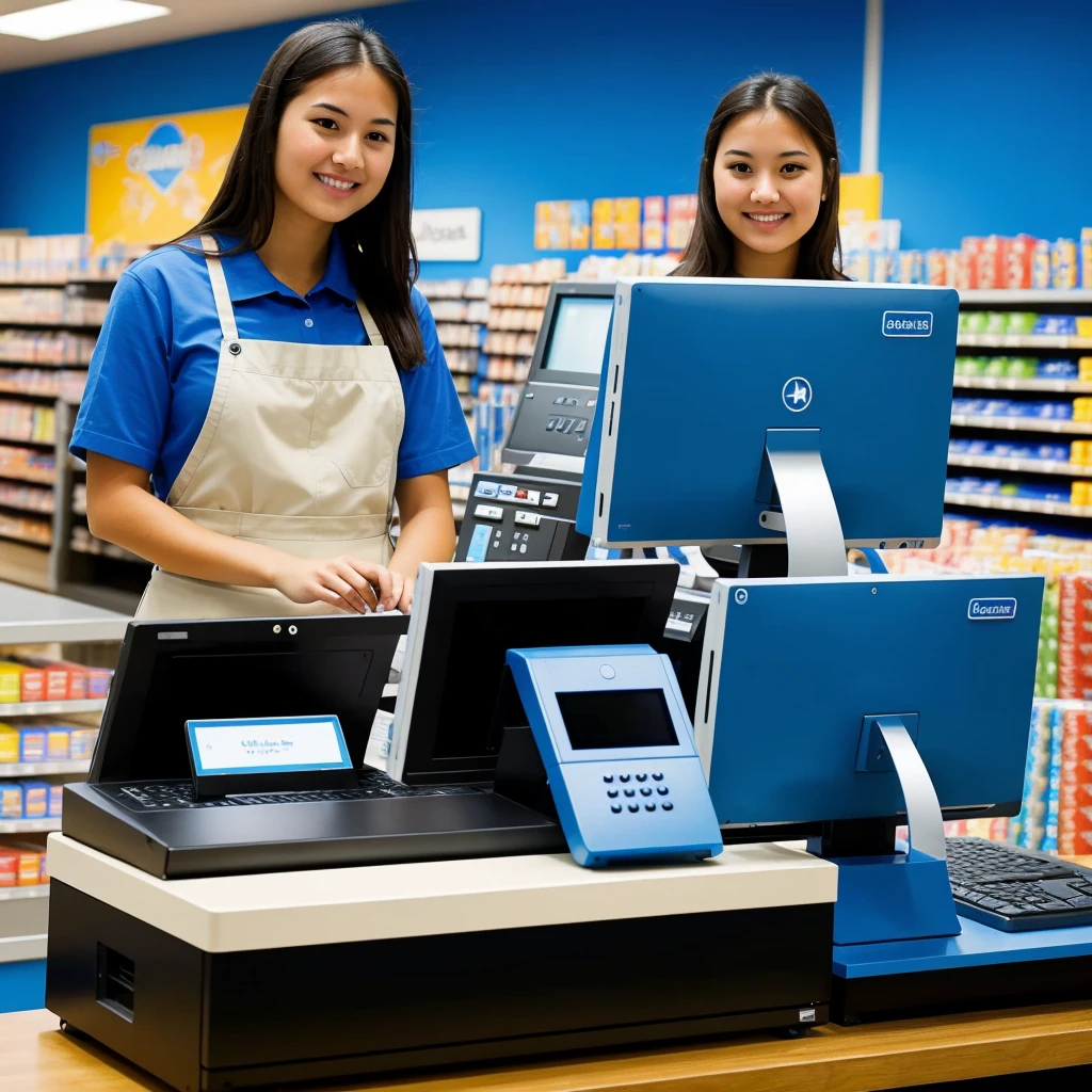 ((Best Quality)), ((Masterpiece)) An employee using the point of sale system in a store with blue backgrounds, I want the computer screen to be flipped, that there is only a computer and the girl is behind it